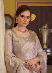 Lavender Embroidery Work Satin Banarasi Silk Saree