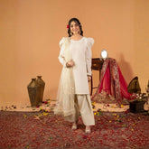 White Fancy Lace Border Natural Crepe Silk Suit