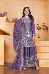 Lavender Sequins Embroidery Work Chinon Suit