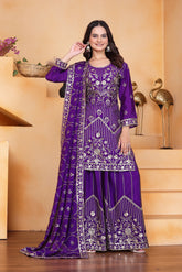 Purple Sequins Embroidery Work Chinon Silk Suit