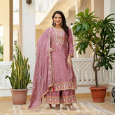 Pink Embroidery Sequin Work Chinon Silk Suit