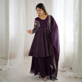 Wine Embroidery Sequin Work Crunchy Silk Suit