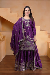 Wine Sequins Embroidery Work Chinon Suit