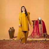 Musterd Yellow Fancy Lace Border Natural Crepe Silk Suit