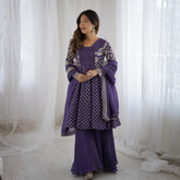 Lavender Embroidery Sequin Work Crunchy Silk Suit