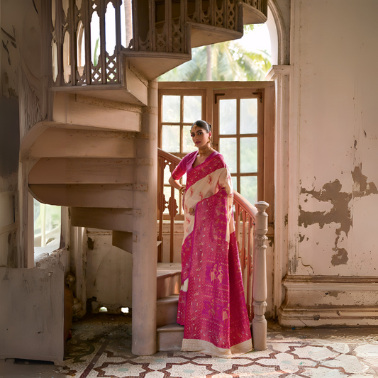 Woman wearing a vibrant pink and gold silk saree with traditional motifs, elegantly posing beside a vintage spiral staircase in a grand, historic interior with large arched windows, intricate railings, and distressed walls.