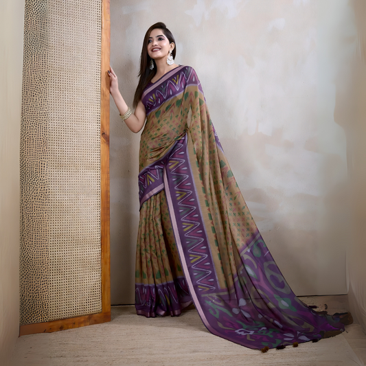 Woman wearing an olive green georgette saree featuring a striking purple geometric border and abstract patterns, paired with a matching blouse, traditional silver earrings, and stacked bangles. She stands elegantly in a contemporary studio setting with a textured woven screen, a neutral-toned wall, and a rustic wooden floor, showcasing graceful draping and a flowing pallu.