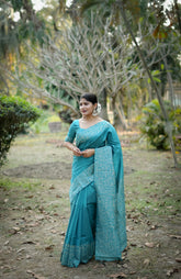 Blue Gala Border Pattern Raw Silk Saree