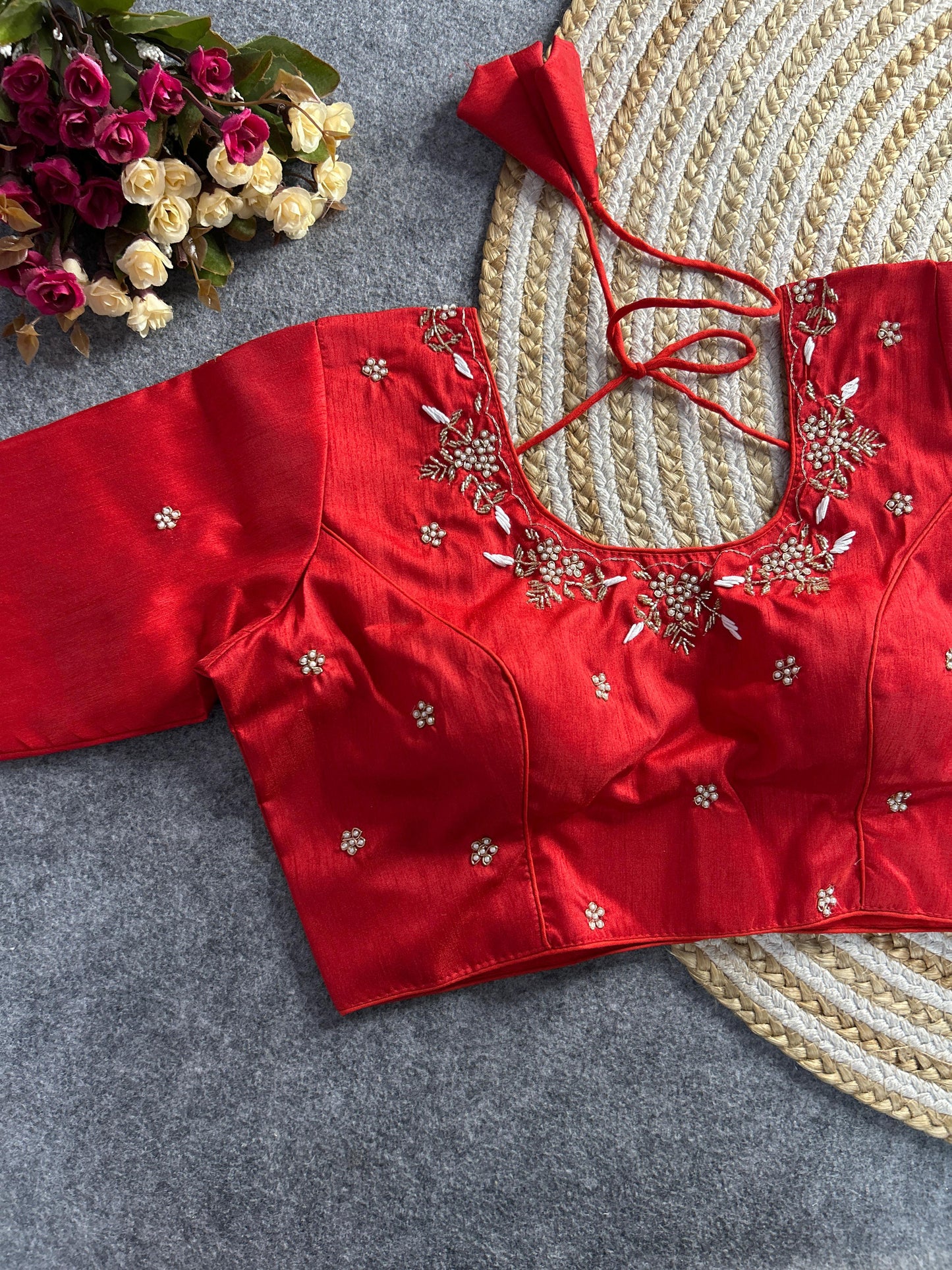 Red Floral Embroidery Banglori Silk Blouse