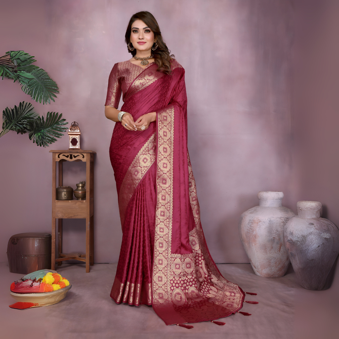 Woman wearing a mauve Banarasi silk saree adorned with an intricate golden zari border and detailed traditional motifs, paired with a matching blouse and gold jewelry. She stands gracefully in a modern studio featuring large rustic white clay pots, a wooden stand with brass decorative items, a bowl of colorful marigold flowers, and green foliage against a muted mauve backdrop.