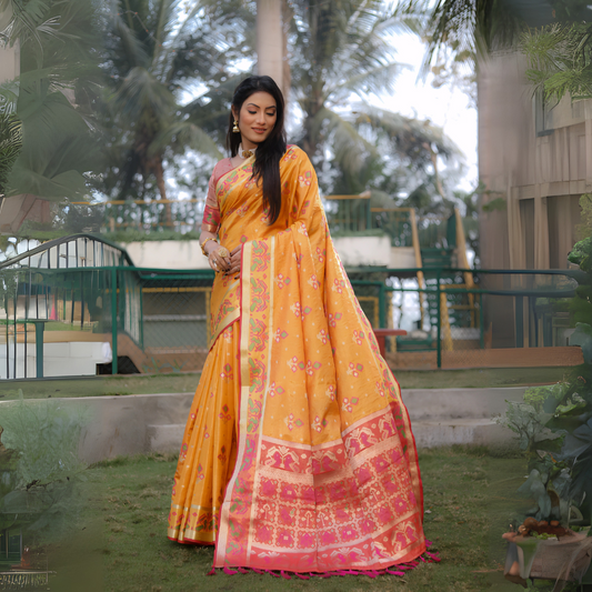 Woman wearing a yellow Banarasi silk saree adorned with gold zari motifs and a striking pink contrast pallu featuring traditional temple and floral patterns. She pairs the saree with a short sleeve pink blouse and accessorizes with gold jewelry, standing gracefully on a manicured lawn in an outdoor garden setting with fencing, lush greenery, and tropical trees in the background.