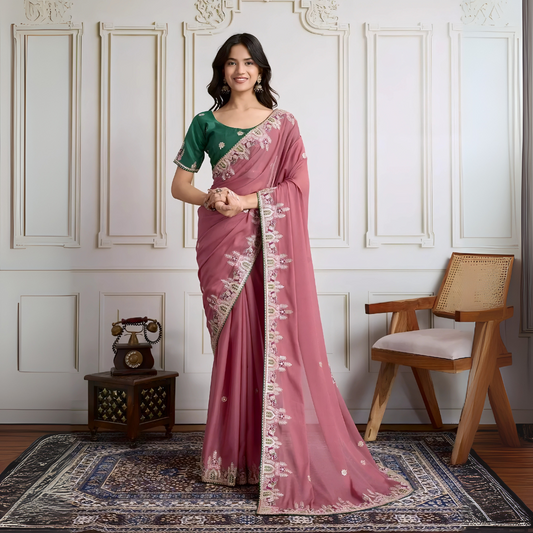 Woman wearing a dusty rose designer saree adorned with sequin detailing and an ornate embroidered floral border, paired with a contrasting green blouse embellished with small floral motifs. She stands elegantly in a classic white paneled room featuring a wooden armchair with a woven seat and a vintage rotary telephone on a carved wooden side table, all set atop an intricate patterned rug for a refined, traditional look. Woman wearing a dusty rose designer saree adorned with sequin detailing and an ornate e