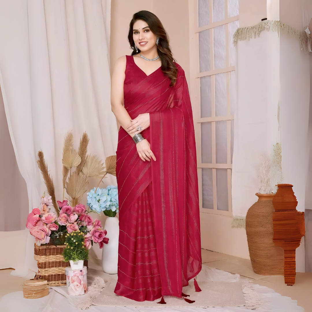 Woman wearing a black saree with subtle sequin stripes and a sleeveless blouse, accessorized with silver jewelry, standing in a modern interior with large windows, vases of pink and blue flowers, and neutral decor elements.