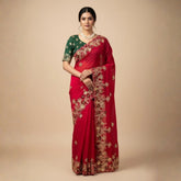 Red Embroidery Work Soft Fendy Chiffon Saree