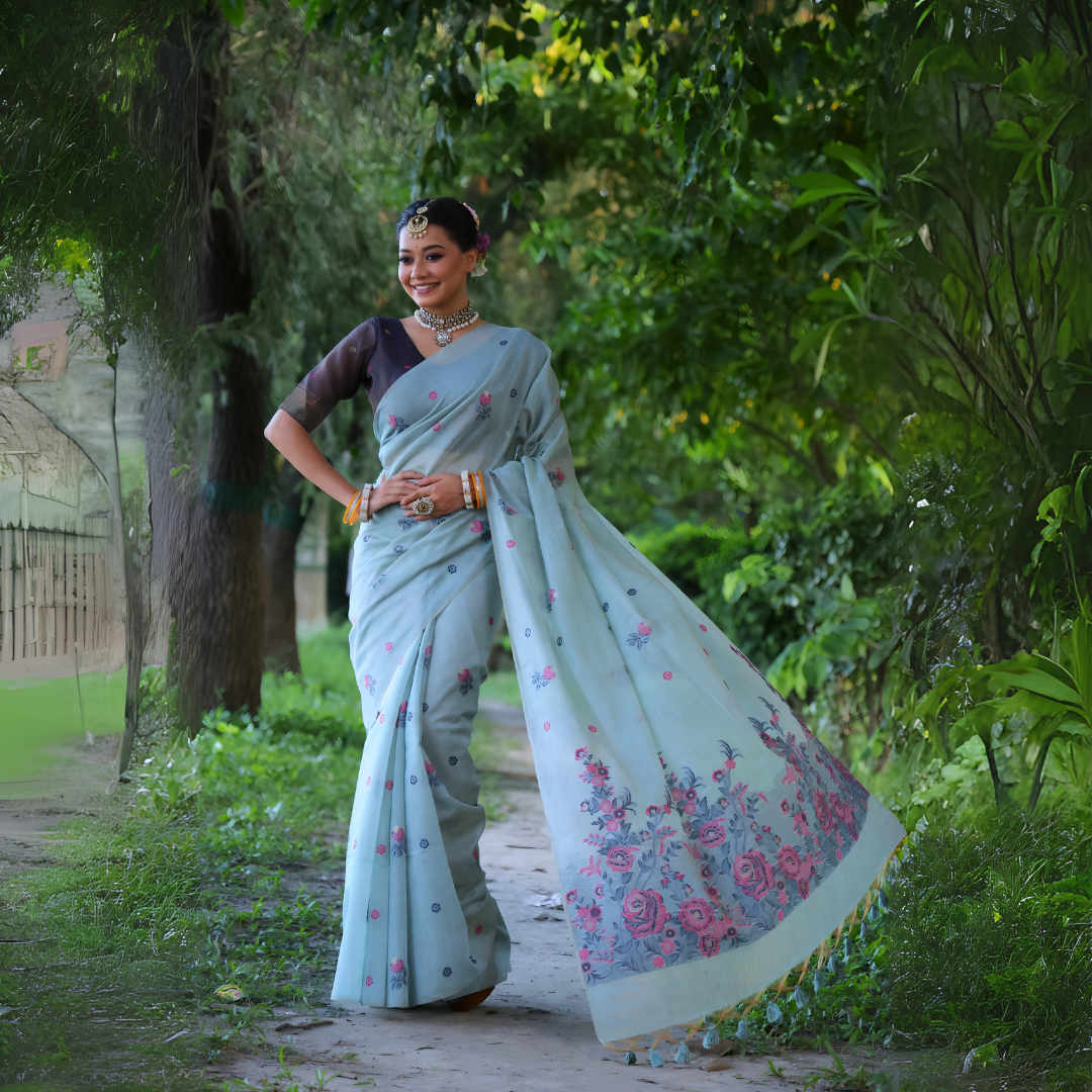 Blue Floral with Resham Weaving Soft Muga Cotton Saree