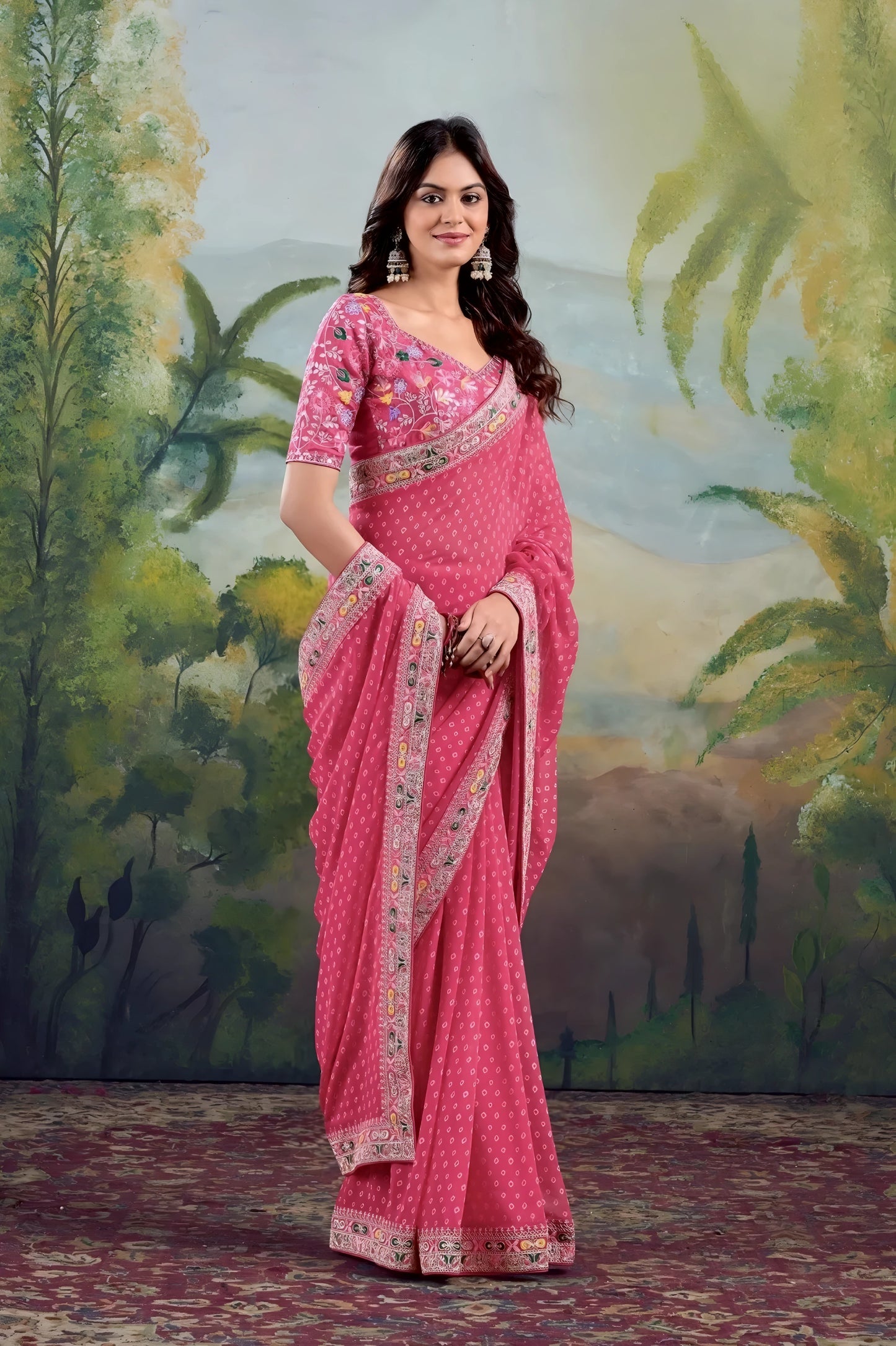 Pink Embroidery Work Georgette Saree