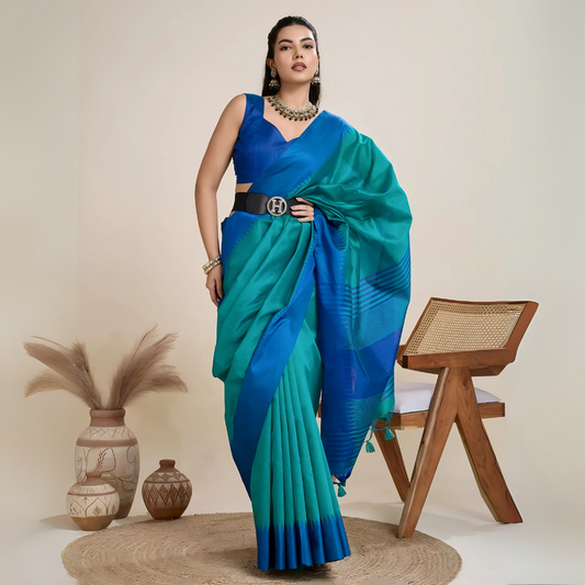 Sea Blue Temple Weaving Raw Silk Saree