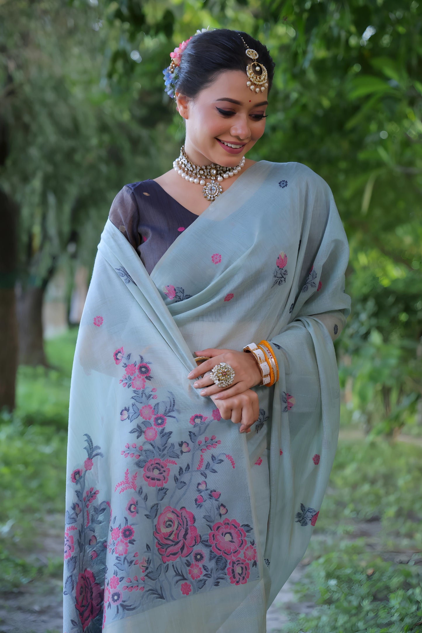 Blue Floral with Resham Weaving Soft Muga Cotton Saree