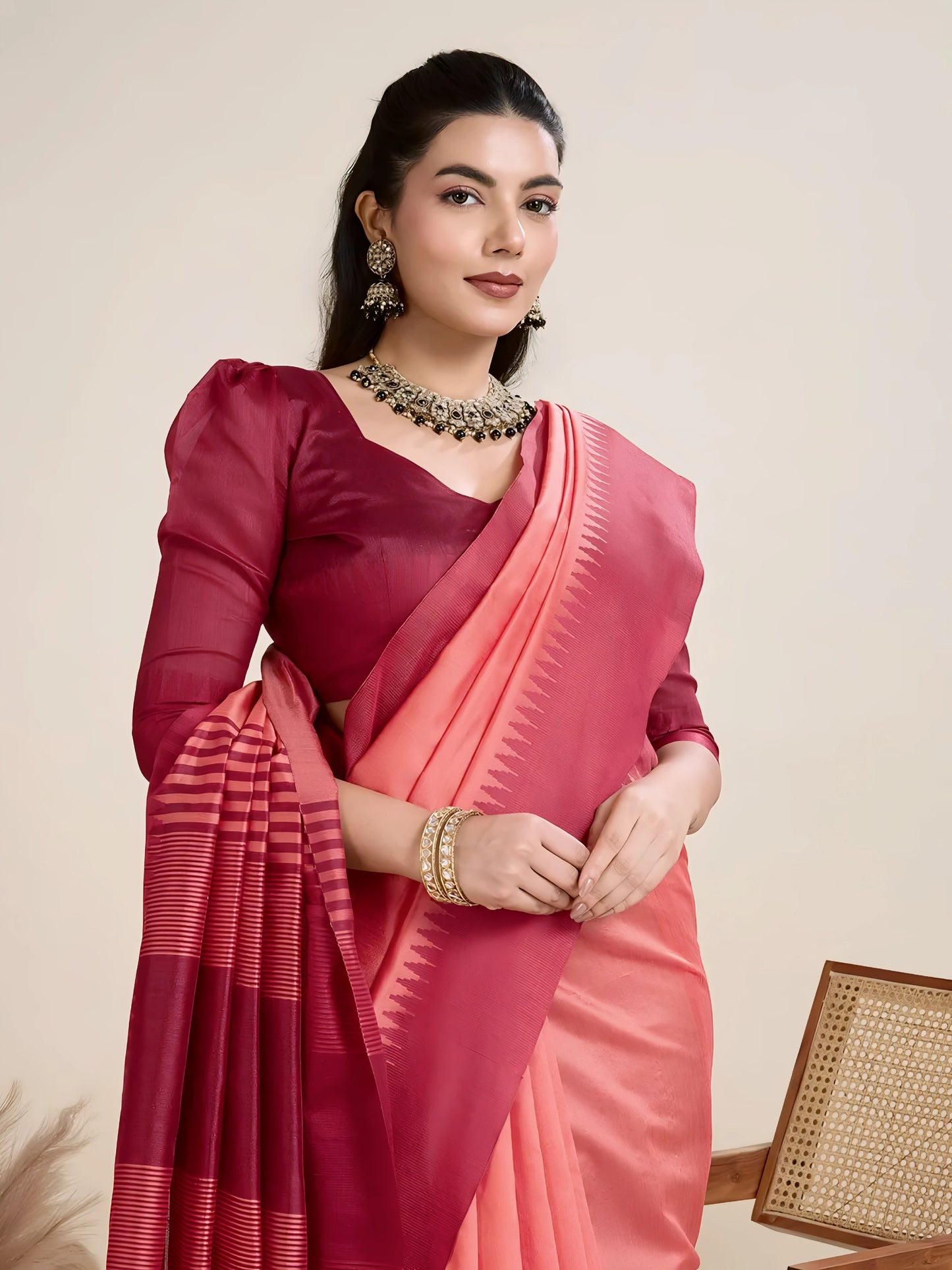 Maroon Temple Weaving Raw Silk Saree