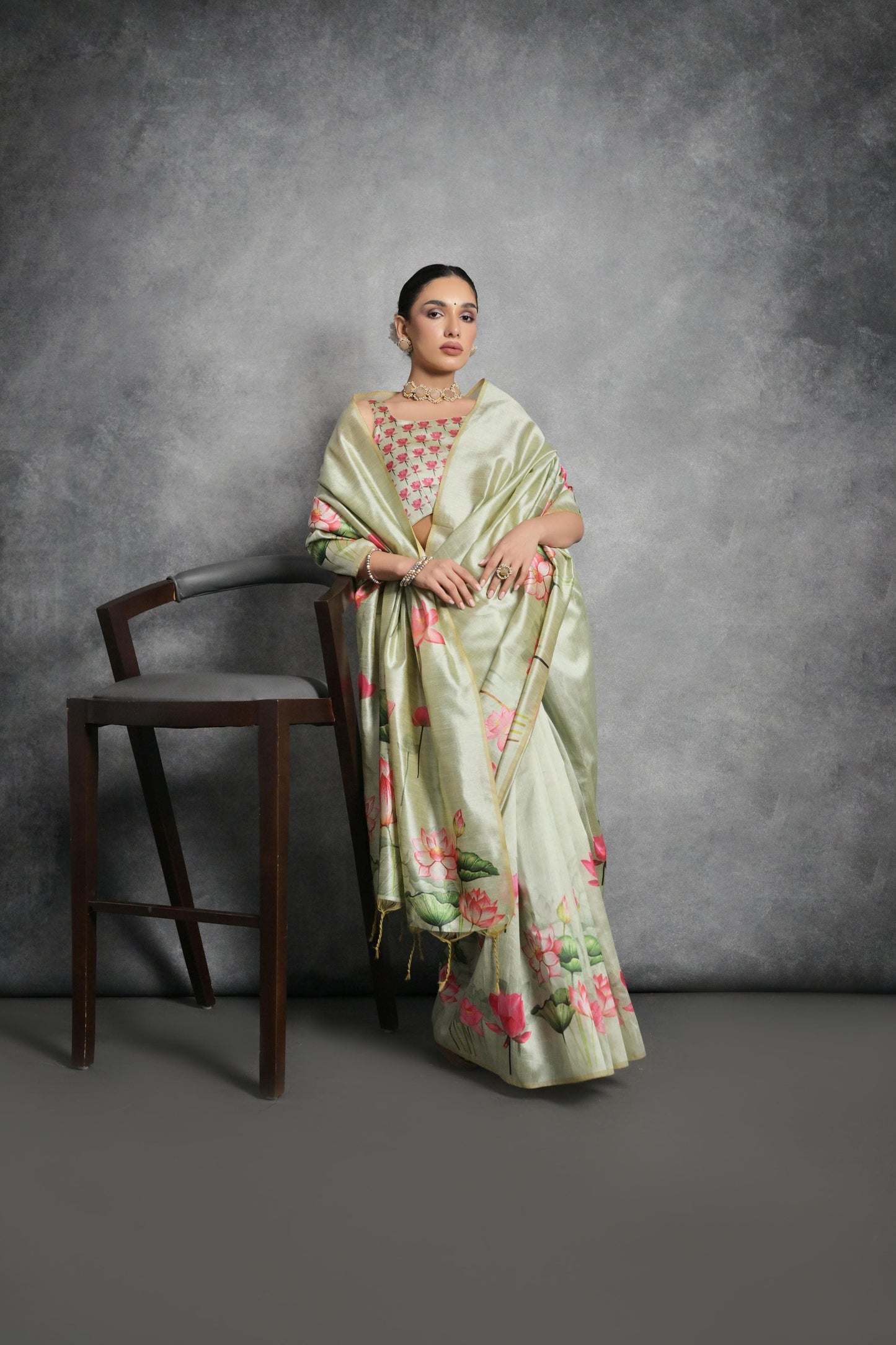 Pista Floral Printed Soft Tussar Silk Saree