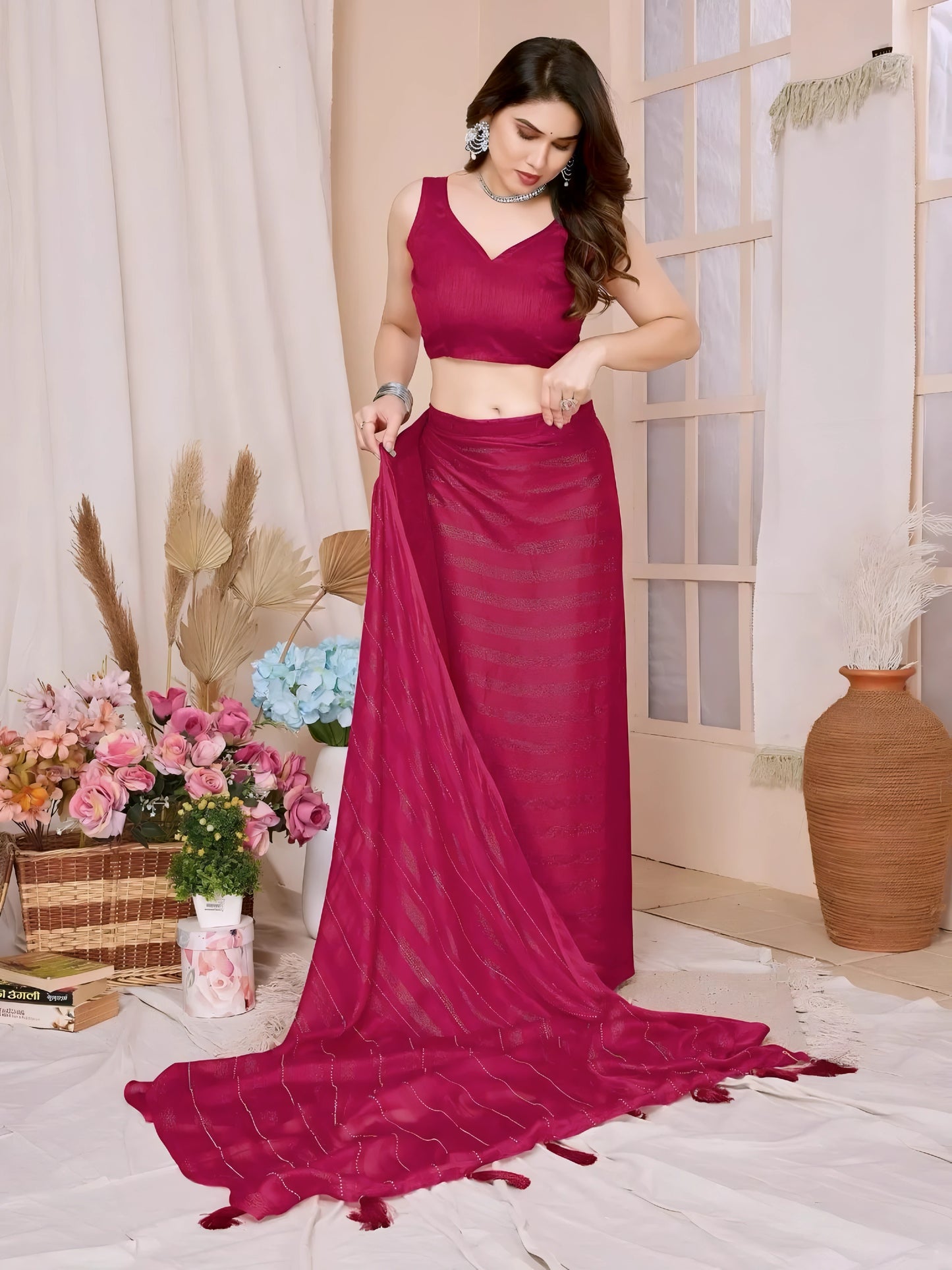 Dark Pink Embroidery Work Rimzim Silk Saree
