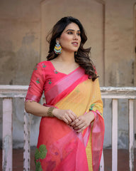 Woman wearing a pink and yellow saree with a blurred background