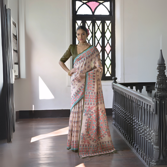 Woman wearing a beige block print saree with teal and coral patterns and a green blouse, accessorized with a choker necklace and bangles, standing in a sunlit vintage interior with wooden flooring and a black window featuring stained glass panels.