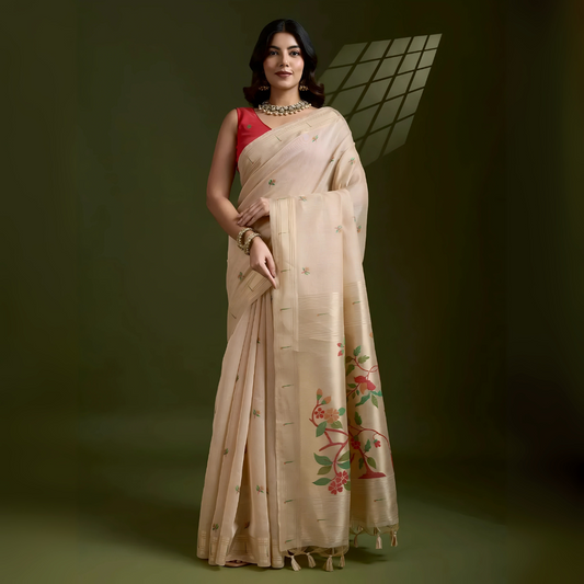 Woman wearing an elegant beige silk saree featuring delicate floral motifs and a hand-painted pallu, paired with a sleeveless red blouse and traditional jewelry, gracefully posing in a modern studio with olive green walls and patterned window light.