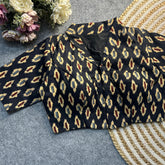 Black Ajrakh Print Cotton Blouse featuring intricate handcrafted patterns, blending tradition with elegance for a timeless fashion statement.
