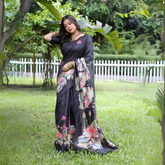Black Floral Printed Soft Tussar Silk Saree