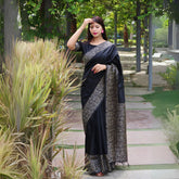 Black Warli Weaving Soft Banglori Raw Silk Saree featuring intricate handloom craftsmanship, perfect for reception, sangeet, and festive occasions.
