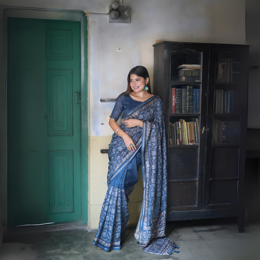 Woman wearing a blue floral printed saree with a matching blouse and statement earrings, standing beside a vintage black bookshelf filled with books and a green paneled door in a heritage-style room.