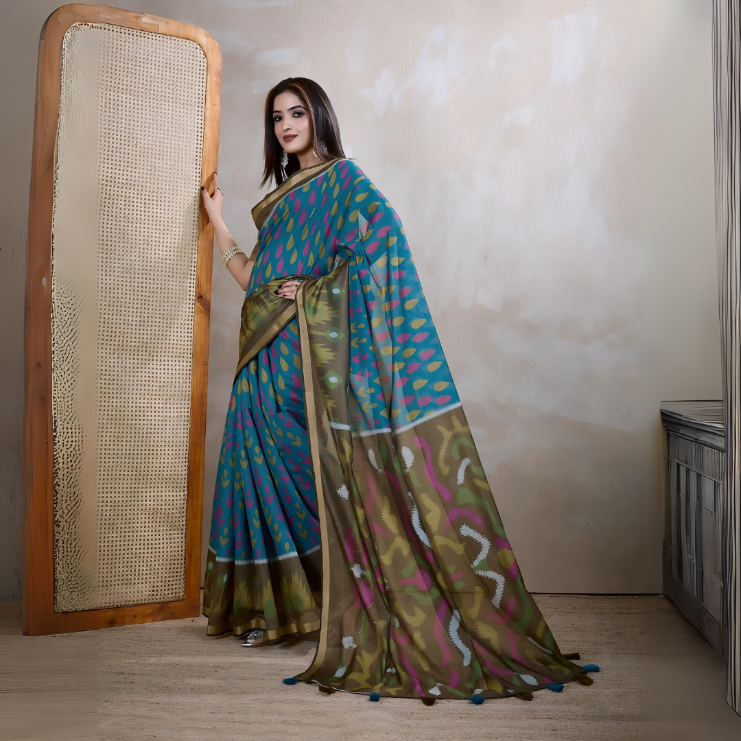 Woman wearing a blue silk saree featuring vibrant pink and olive green ikat-inspired abstract patterns, paired with a matching blouse and elegant gold bangles. She poses gracefully in a contemporary studio setting with a neutral textured wall, a tall woven cane screen, and rustic wooden flooring, highlighting the saree’s flowing pallu and artistic design.
