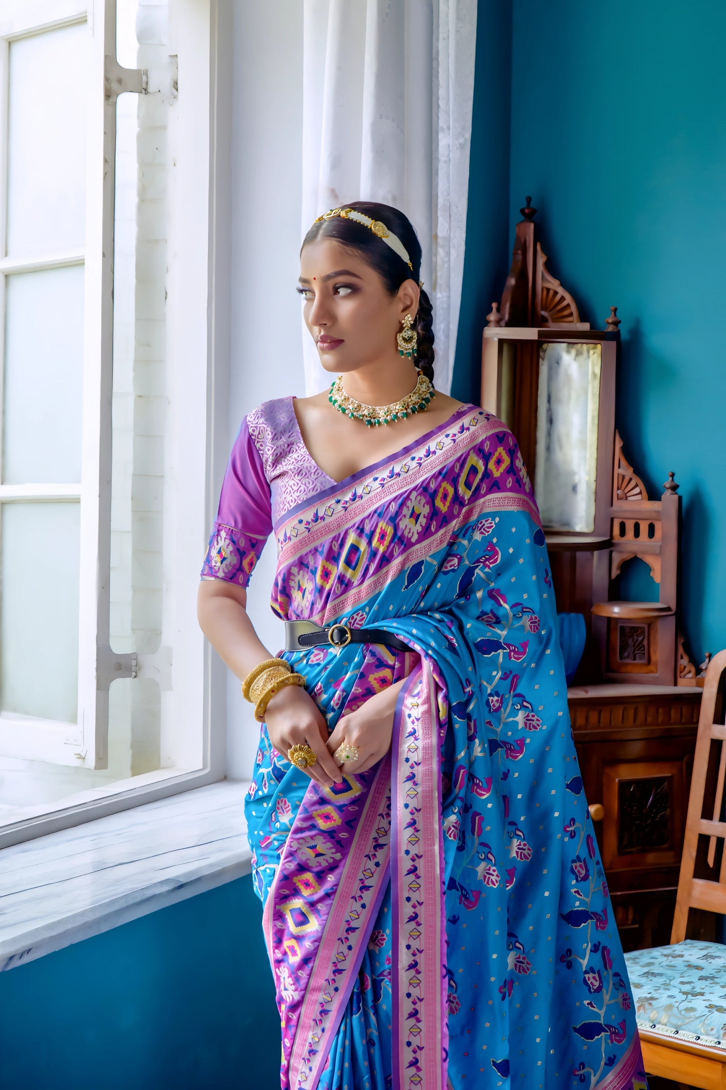 Woman wearing a blue Patola silk saree with purple and gold borders, paired with a purple blouse and traditional jewelry, standing gracefully by a window in a vintage-inspired room with teal blue walls, wooden furniture, and floral decor.