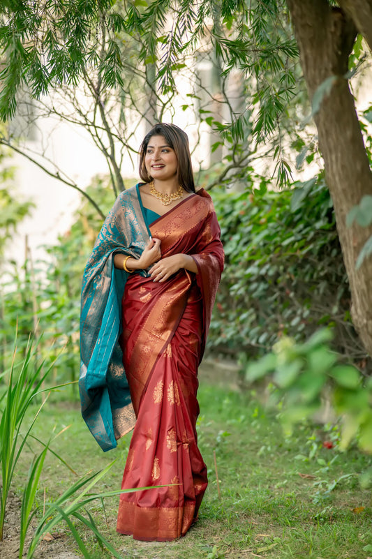 Brown saree with zari work and contrasting blue pallu