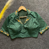 Dark green embroidery work Banglori silk blouse with intricate detailing, perfect for reception, sangeet, and festive occasions.