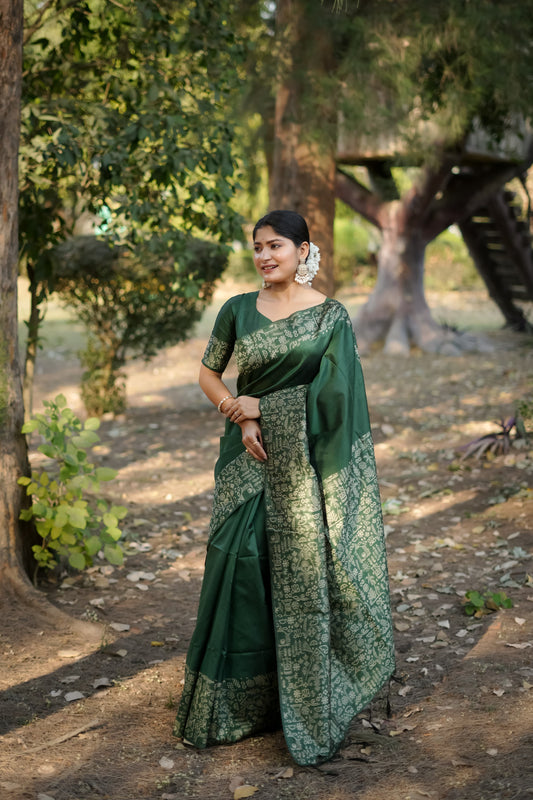 Dark green saree with zari work outdoors