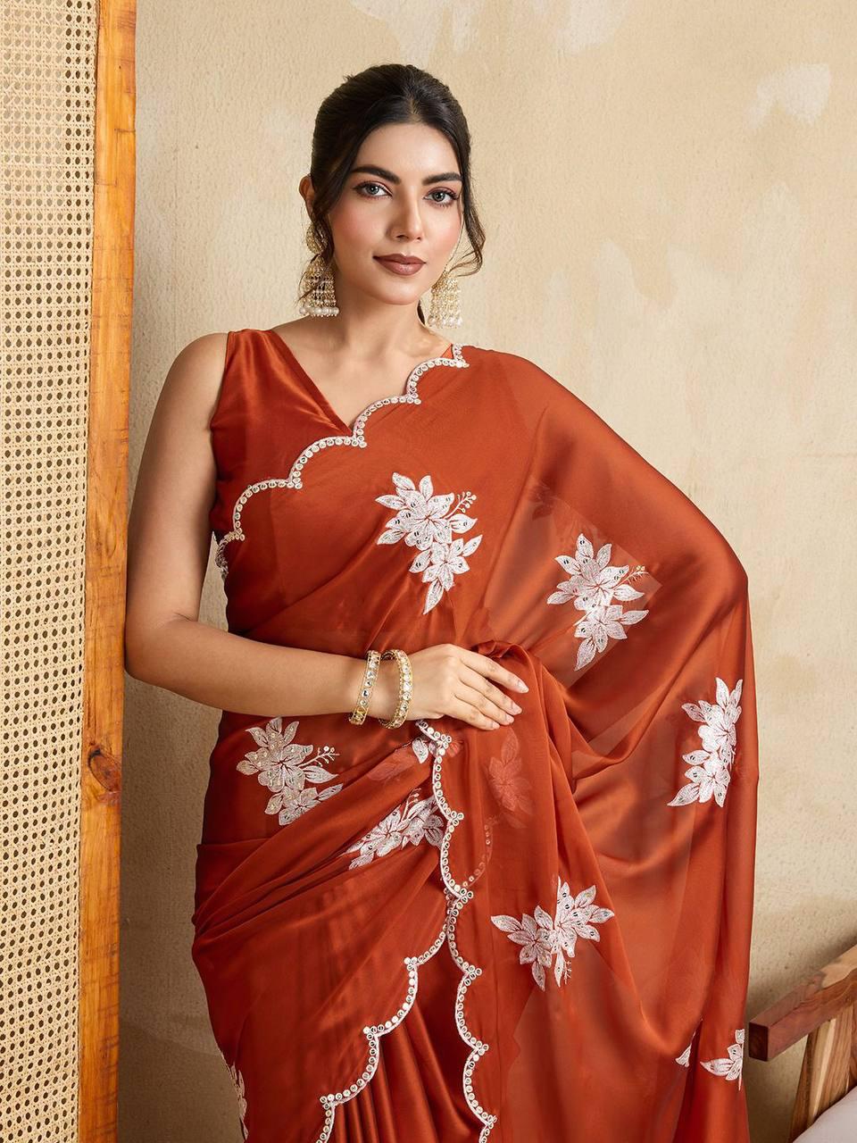 Elegant dark pastel red saree made from smooth rangoli silk fabric