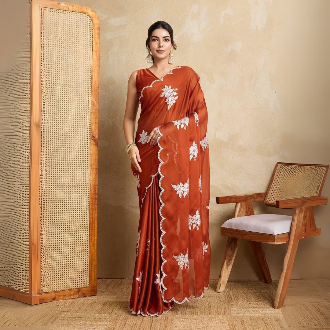 Elegant dark pastel red saree made from smooth rangoli silk fabric