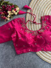 Dark pink floral embroidery Banglori silk blouse with intricate design, ideal for traditional and festive occasions.