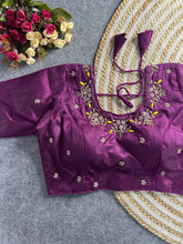 Deep purple floral embroidery Banglori silk blouse with intricate design, ideal for traditional and festive occasions.
