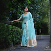 Powder Blue Zari Work Maheshwari Tissue Silk Saree