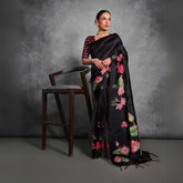 Black Floral Printed Soft Tussar Silk Saree