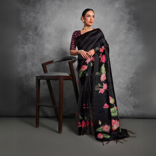 Black Floral Printed Soft Tussar Silk Saree