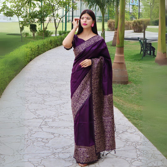 Deep Shade Purple Warli Weaving Soft Banglori Raw Silk Saree