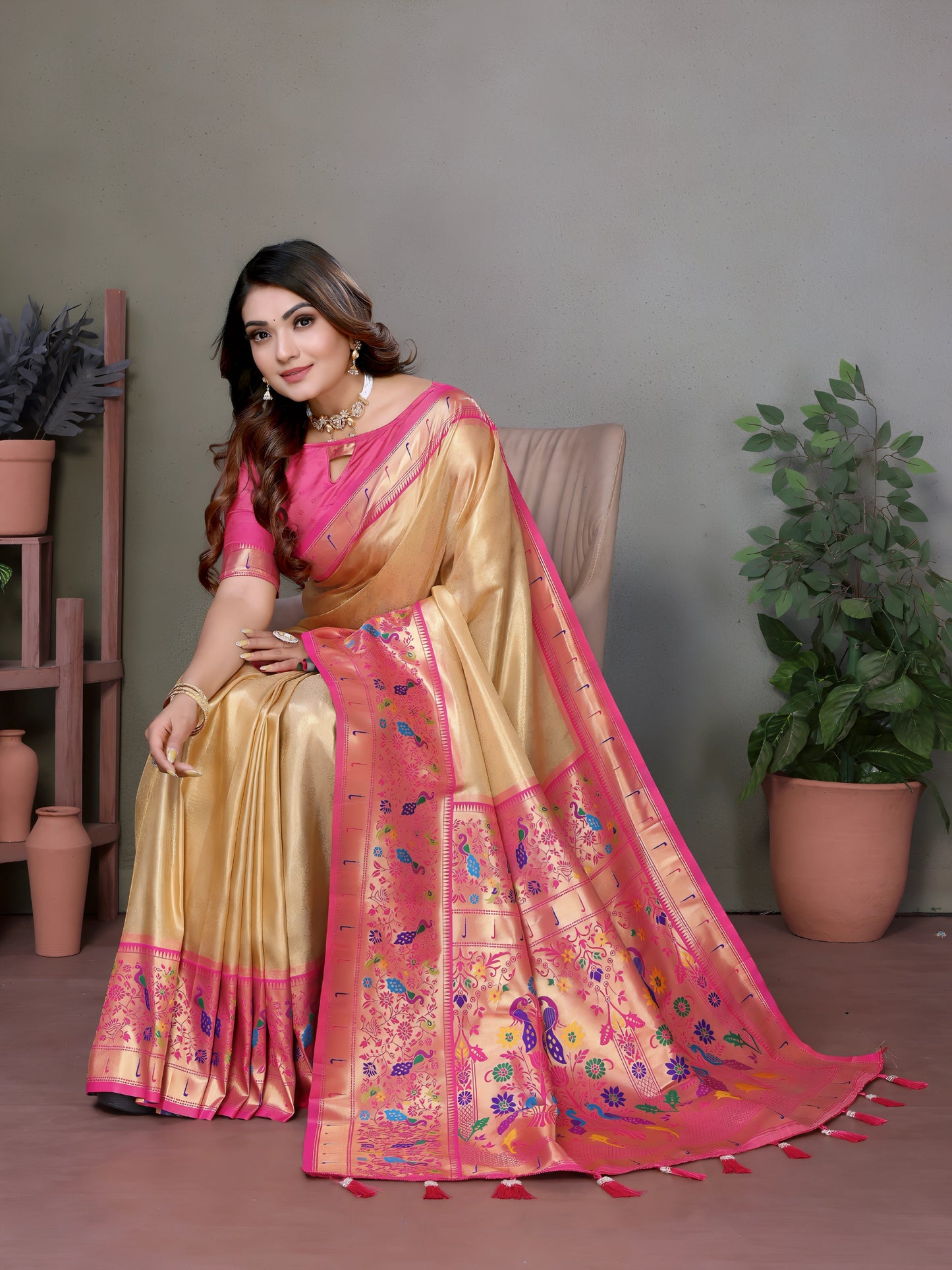Woman wearing an elegant golden beige silk saree with intricate pink and magenta embroidered border featuring traditional floral motifs, paired with a matching pink blouse and statement gold jewelry including a choker necklace. She poses gracefully in a modern studio setting decorated with various terracotta clay pots of different sizes arranged on wooden stands, complemented by lush green potted plants against a neutral beige backdrop.