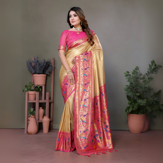 Woman wearing an elegant golden beige silk saree with intricate pink and magenta embroidered border featuring traditional floral motifs, paired with a matching pink blouse and statement gold jewelry including a choker necklace. She poses gracefully in a modern studio setting decorated with various terracotta clay pots of different sizes arranged on wooden stands, complemented by lush green potted plants against a neutral beige backdrop.