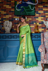 Green saree with zari work and blue gold border indoors