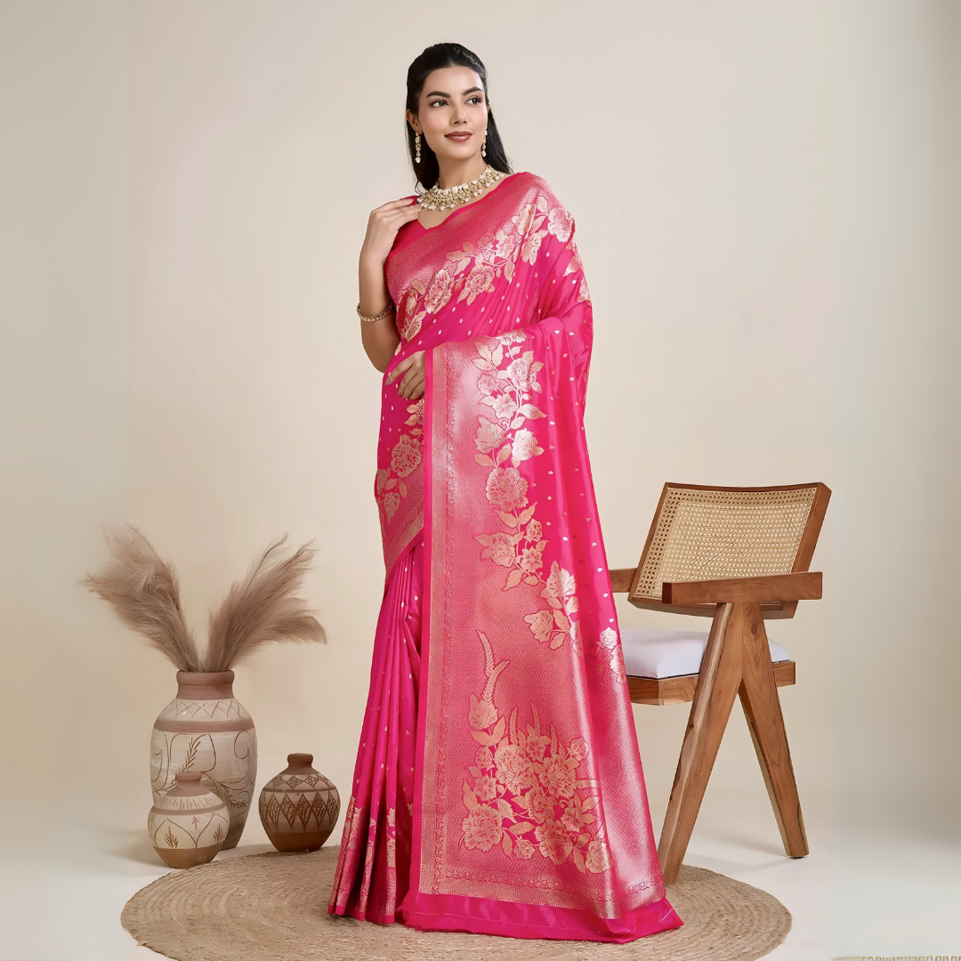Woman wearing a hot pink Banarasi silk saree with intricate gold floral zari border and pallu, paired with a matching blouse and traditional jewelry, elegantly posing beside a wooden chair in a minimalist studio with neutral decor, ceramic vases, and pampas grass.