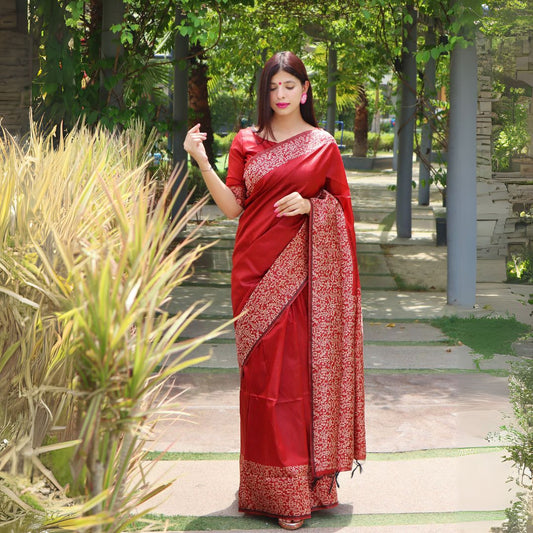 Red Warli Weaving Soft Banglori Raw Silk Saree